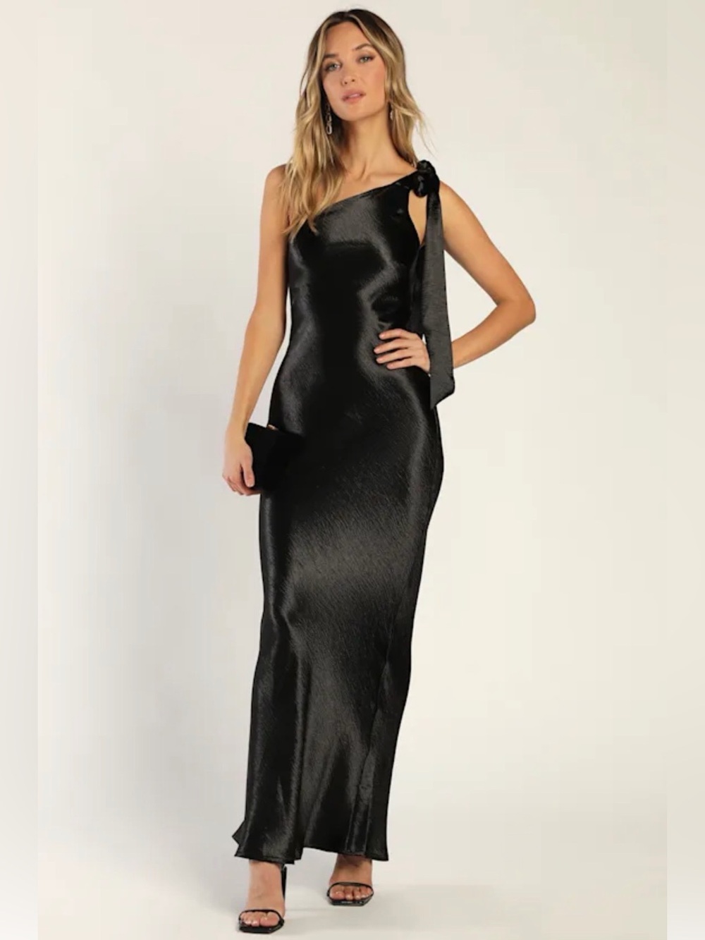 Lulus Lavish Looks Black Satin One-Shoulder Tie-Strap Maxi Dress